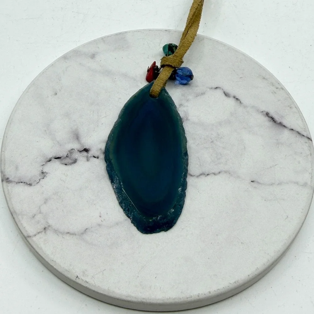 Blue Agate Slice Pendant Necklace Suede Cord Beaded Boho Statement Jewelry Gift